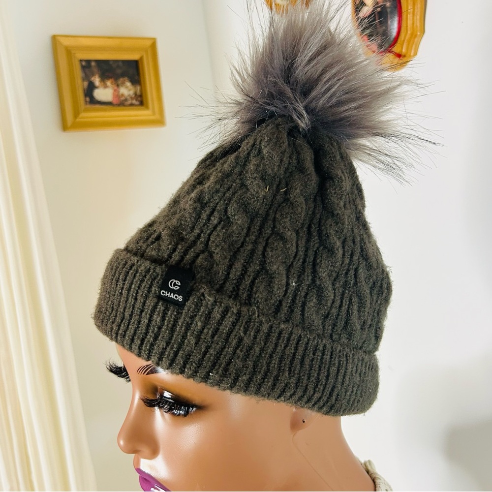 Gray Cable Knit Beanie with Pom Pom chaos unisex